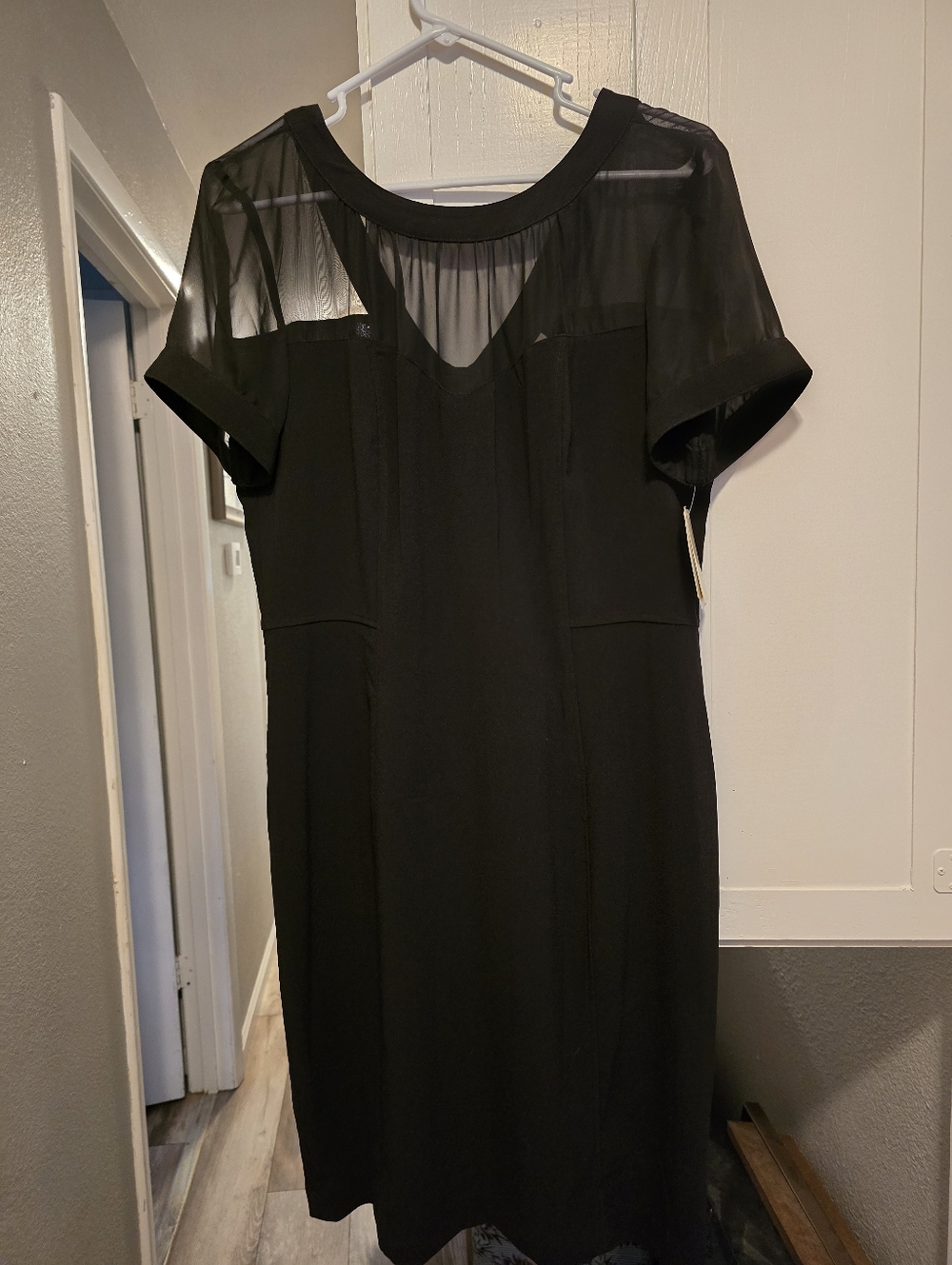 ECI Black Midi Dress with Sheer Yoke and Short Sleeves